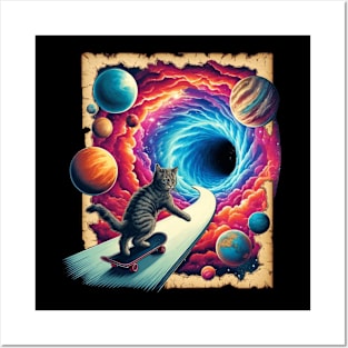 Skateboarding Kitten Funny Humor Galaxy Cat Meme Posters and Art